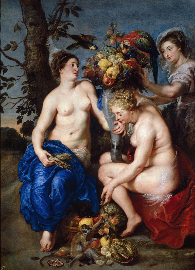 Ceres with Two Nymphs by Peter Paul Rubens depicts the goddess of agriculture with two playful nymphs.