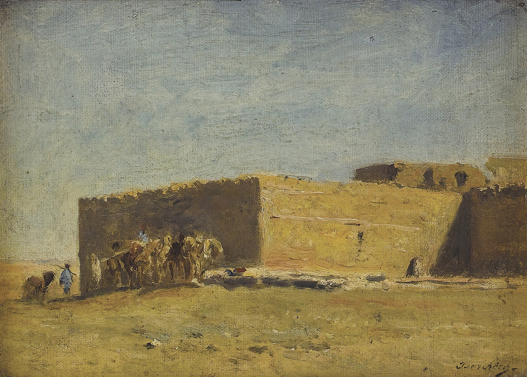Arab Village by Narcisse Berchère, oil on canvas depicting a serene landscape with intricate architecture.
