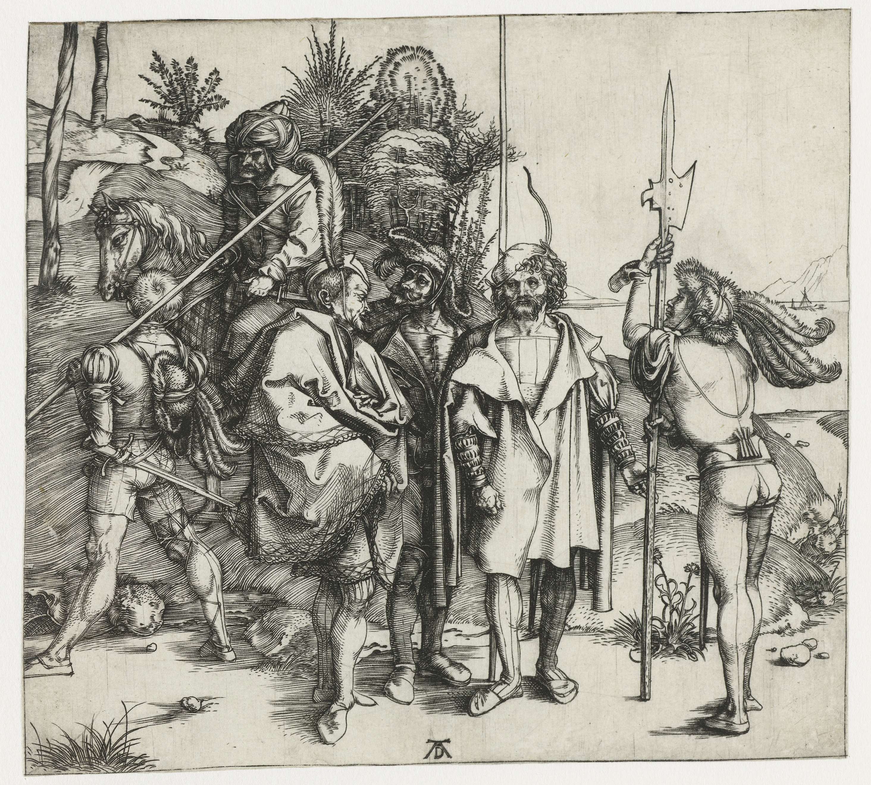 Engraving by Albrecht Dürer depicting five soldiers and an eastern rider.
