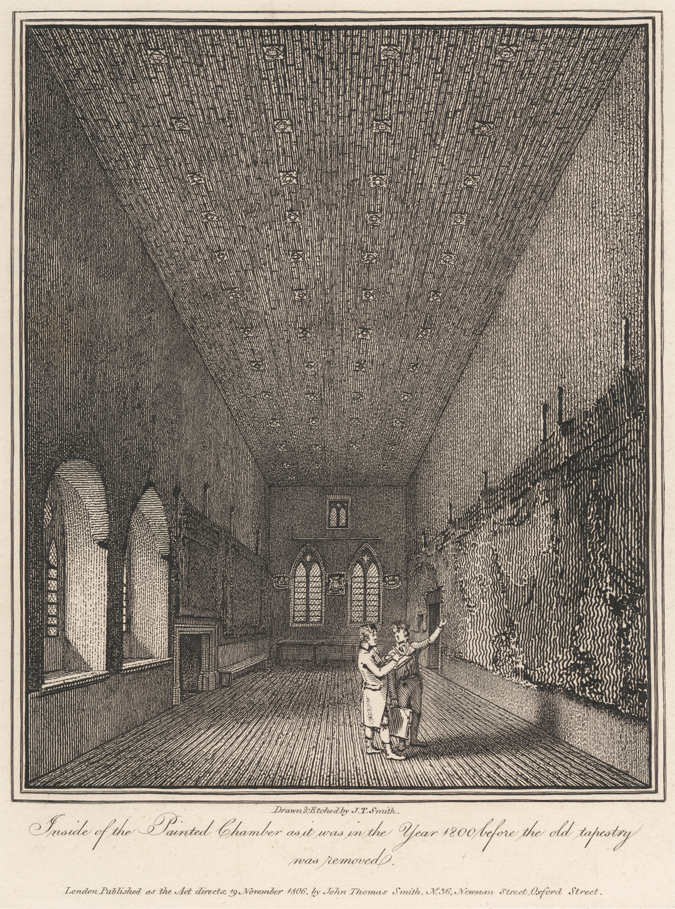 Interior scene with wooden paneling and sunlight, oil painting by John Thomas Smith, 1806