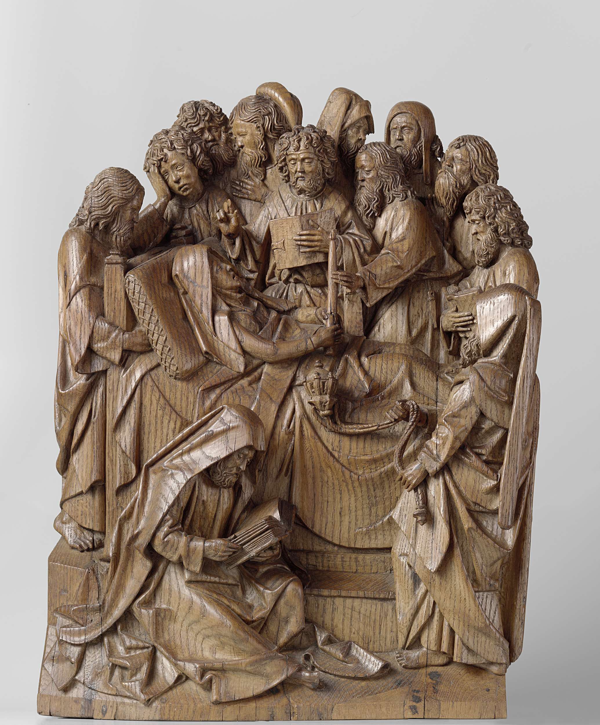 Death of the Virgin, oak, Adriaen van Wesel, Mary surrounded by disciples and angels in soft light.