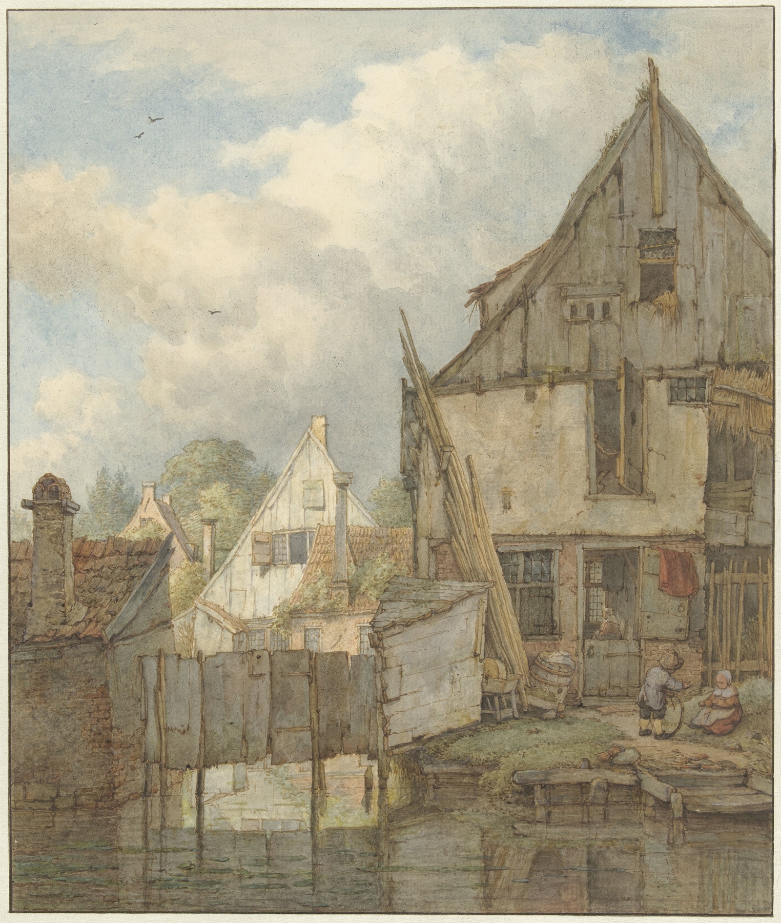 Vervallen huizen aan het water, by Jan Hulswit, public domain