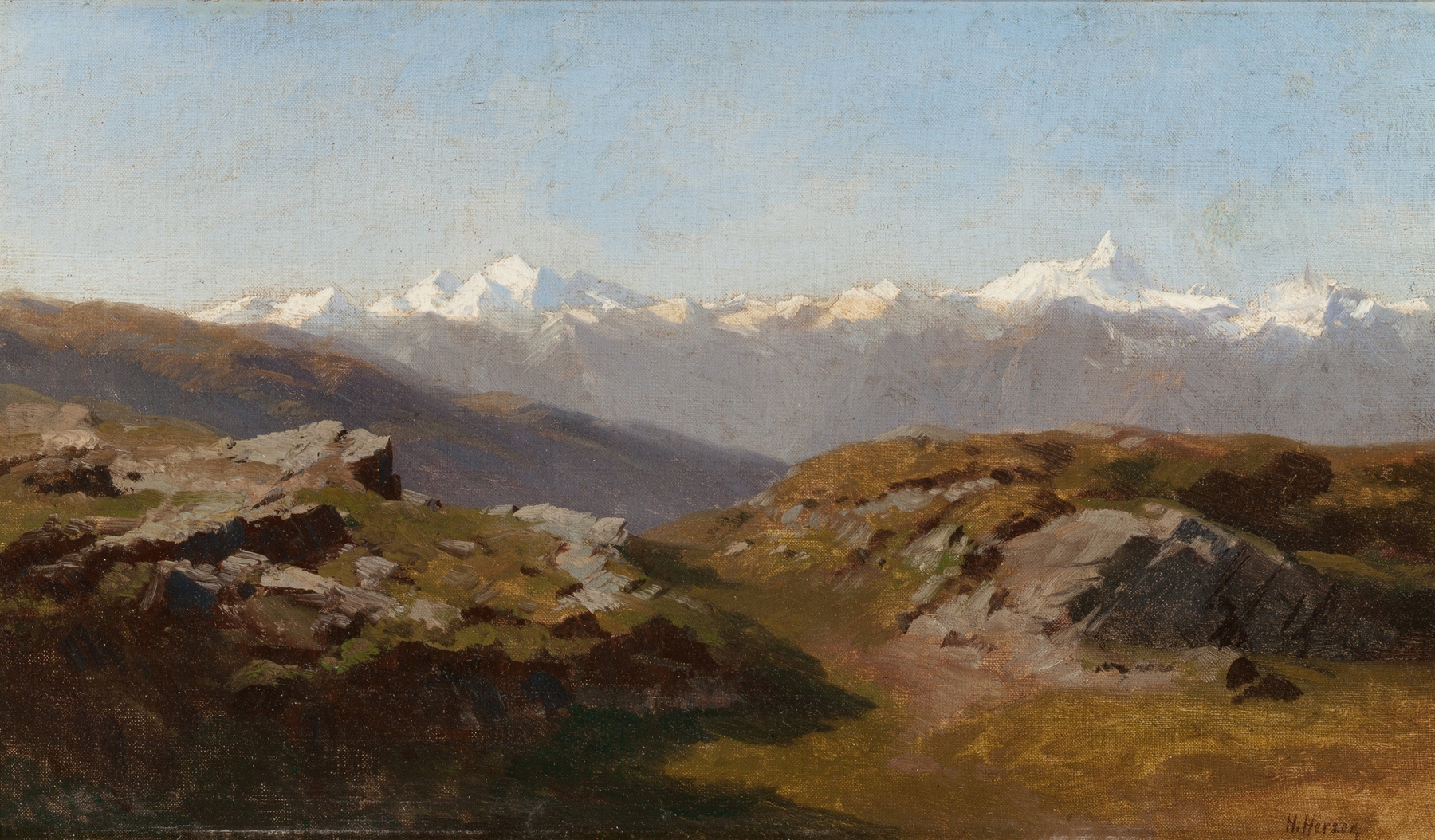 Snow-Capped Peaks by Hermann Ottomar Herzog, oil painting depicting mountains at sunrise.