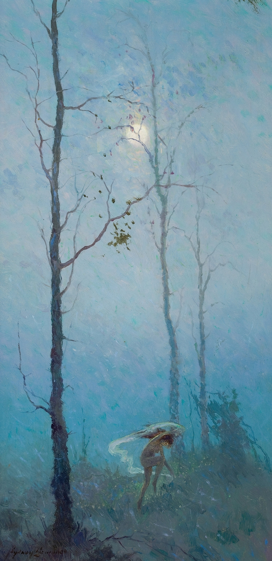 Keeping Warm by Sydney Mortimer Laurence, oil on canvas depicting figures around a campfire
