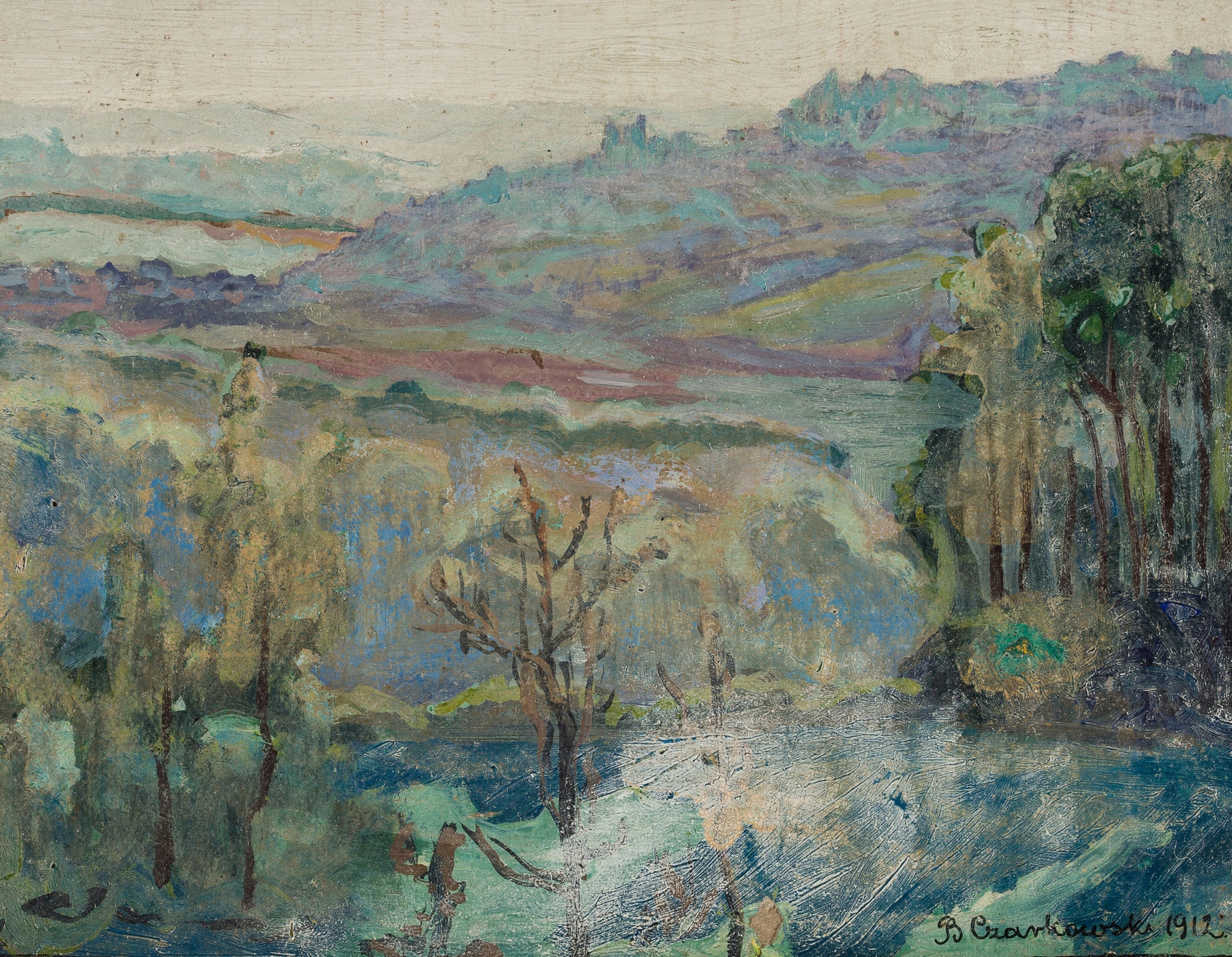 Landscape by Bolesław Czarkowski, oil on canvas, depicting a serene horizon and sunset over fields