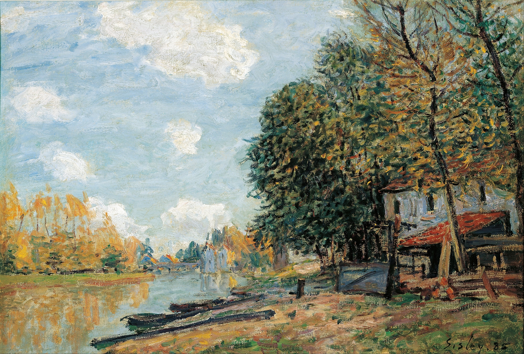 Oil on canvas by Alfred Sisley depicting the River Loing with flowing water and reflections.