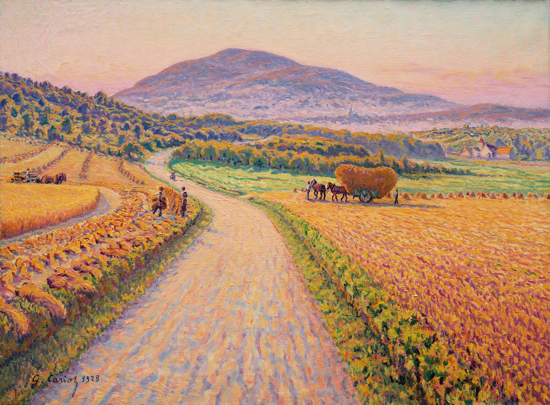 Landscape with haystacks under a rain-threatened sky, oil on canvas by Gustave Cariot
