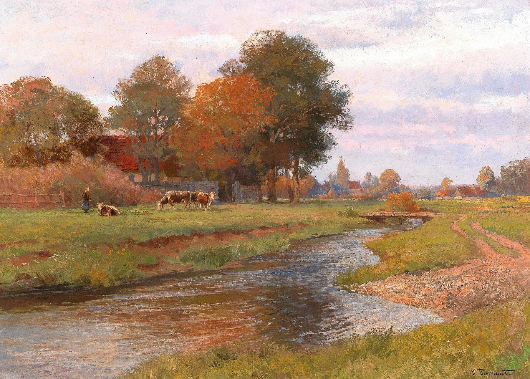 River landscape with cows and a village by Hugo Darnaut, medium unknown