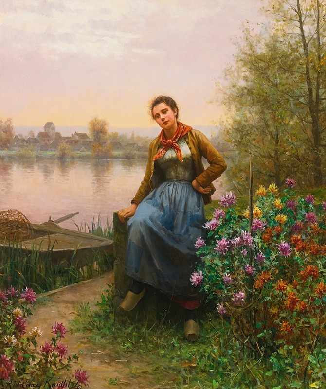 A serene scene depicting figures by a river.