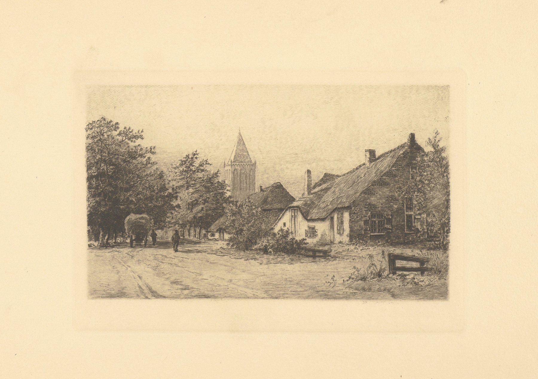 Landscape oil painting by Jacobus Gerardus Veldheer featuring farmhouses and hills.