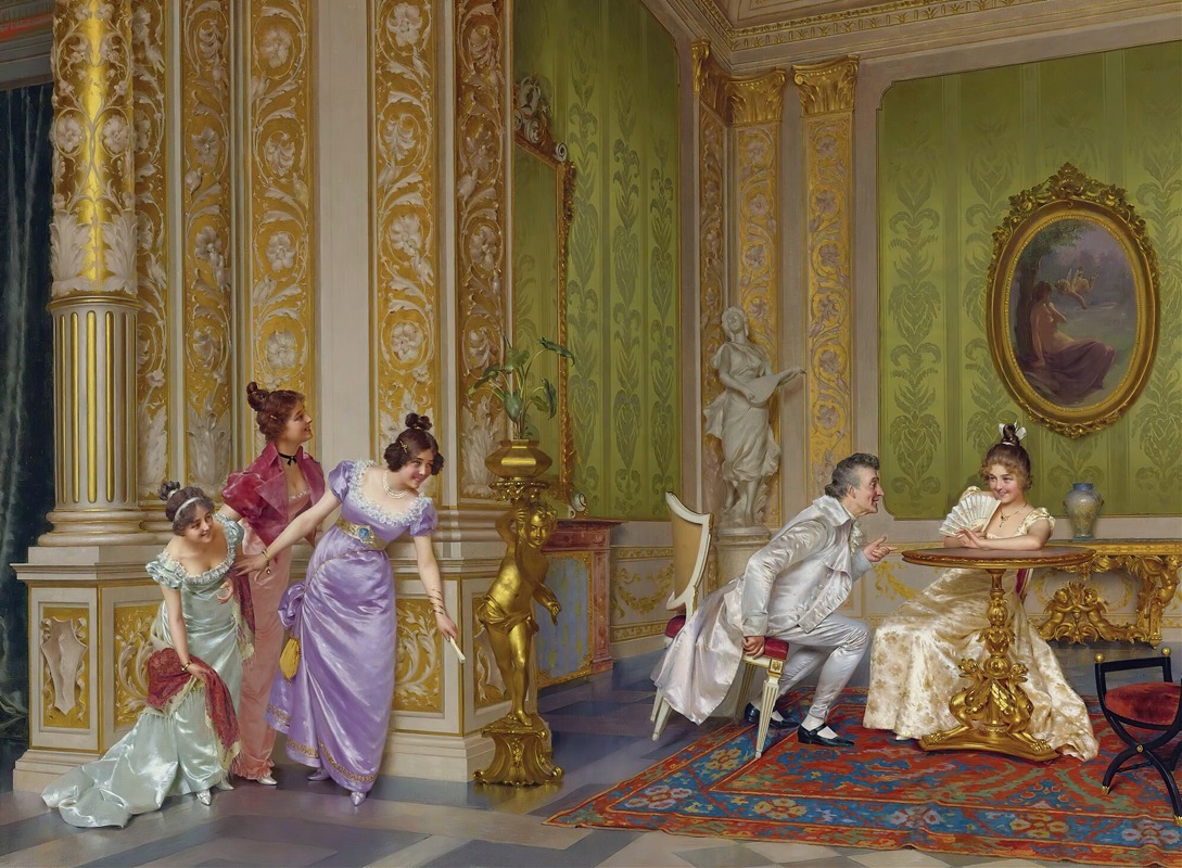 A painting depicting a woman in a lavish interior, seemingly unaware of an unseen audience.