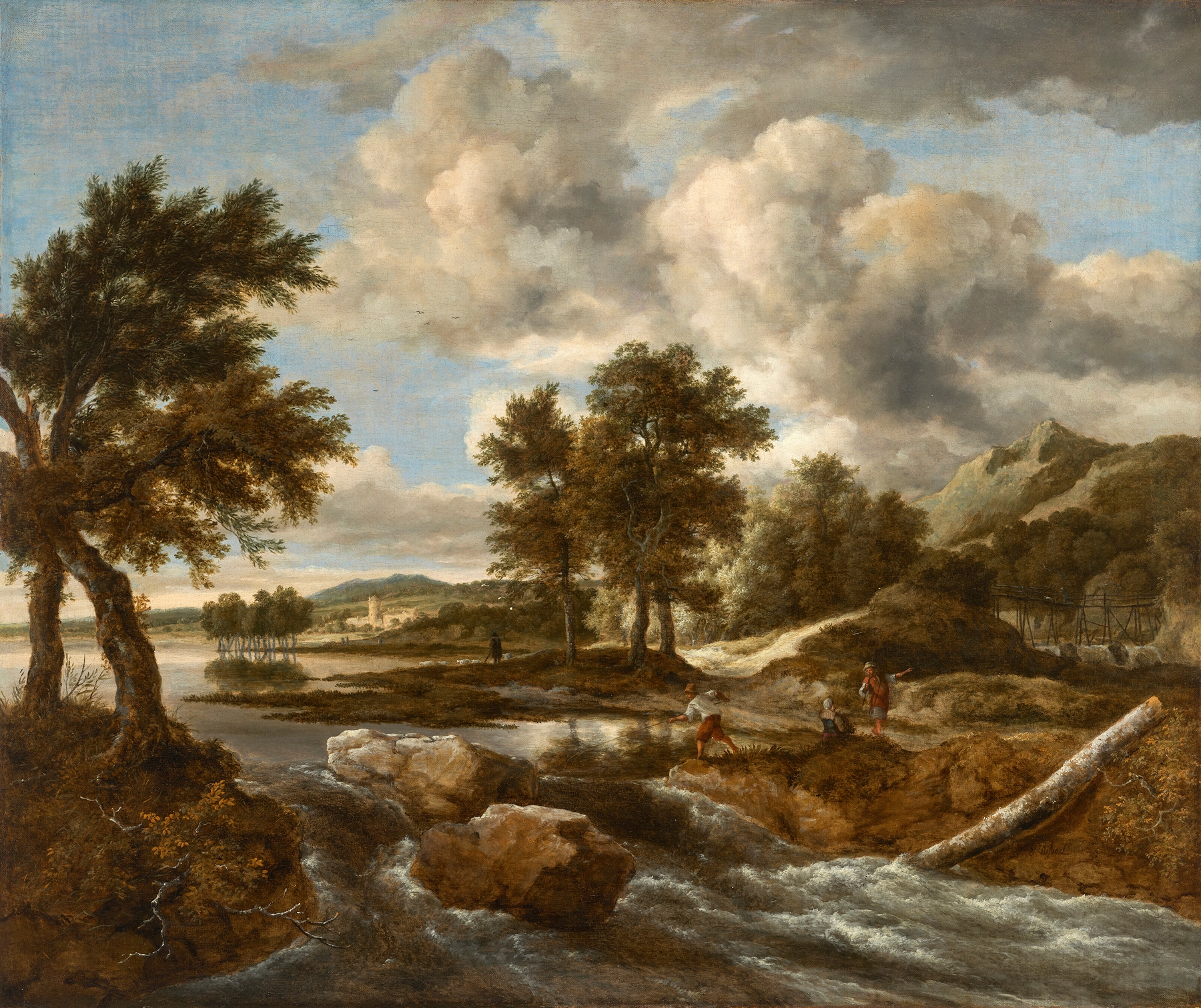 River landscape with figures by Jacob van Ruisdael, oil on canvas