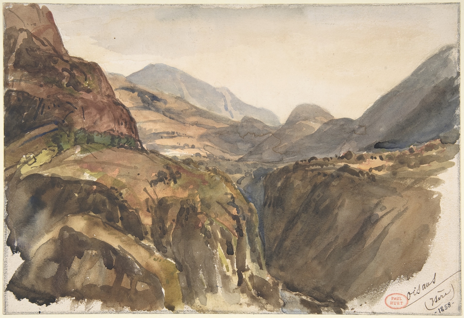 Mountain View at Oisans by Paul Huet, oil on canvas, depicting a vast mountain landscape with valleys and a dramatic sky.