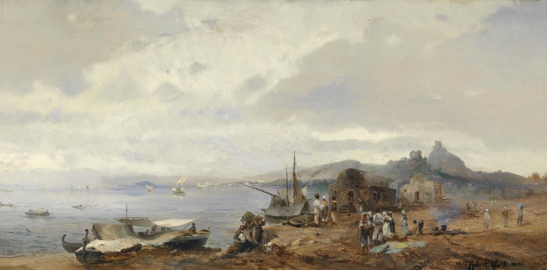 Fischer an einer süditalienischen Küstenlandschaft by Robert Alott, oil painting depicting a fisherman by the sea.