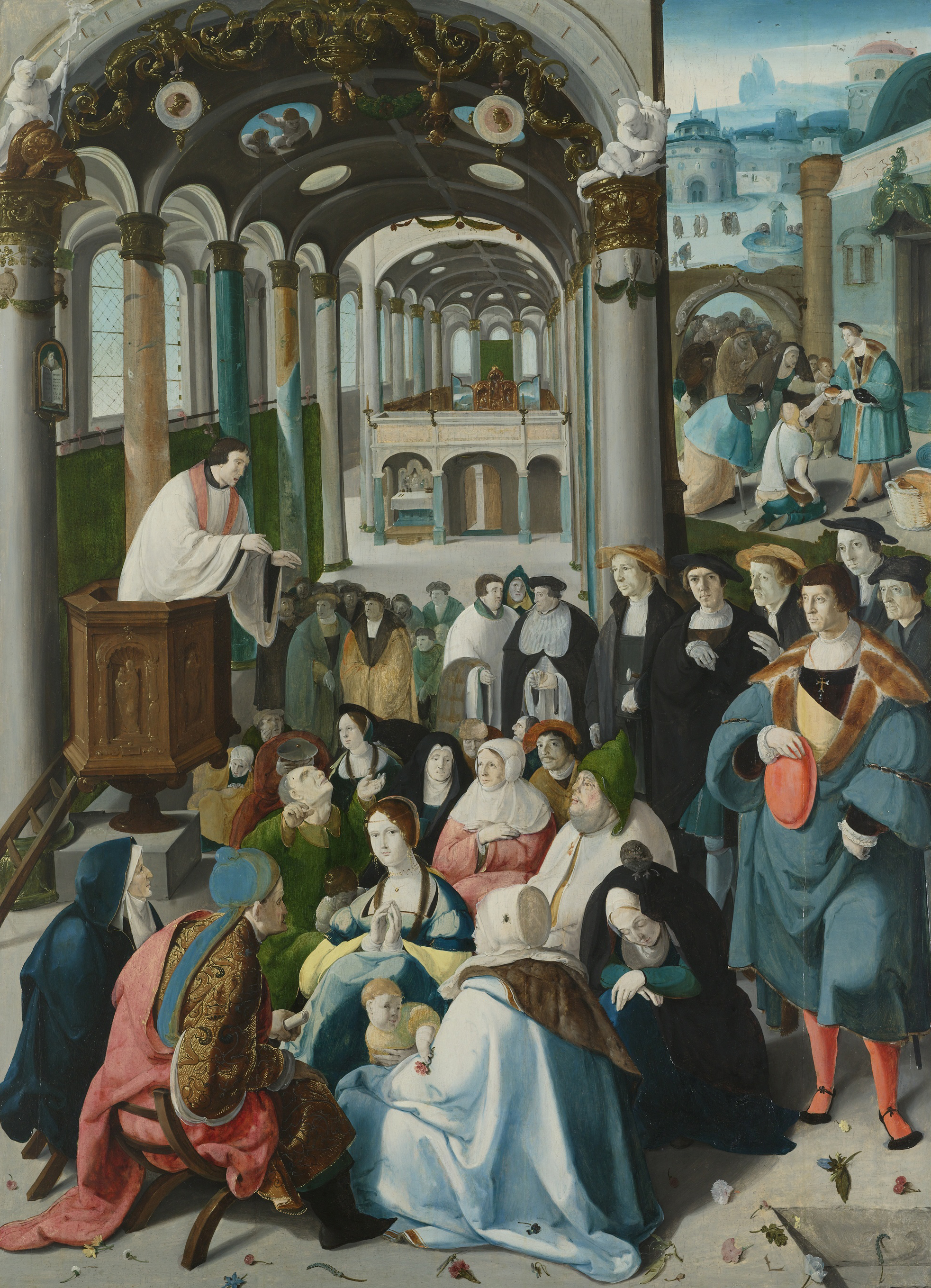 The Calling of Saint Anthony, oil on panel by Aertgen Claesz van Leyden, showing a sermon and acts of charity.