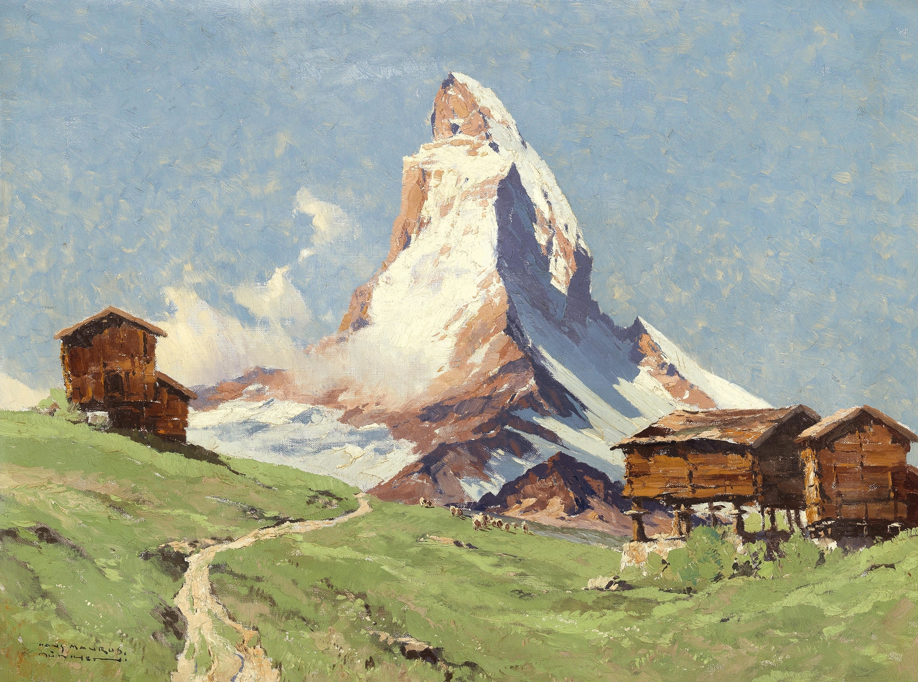 Matterhorn und Riffelsee by Hans Maurus, oil painting featuring mountains and lake reflections.