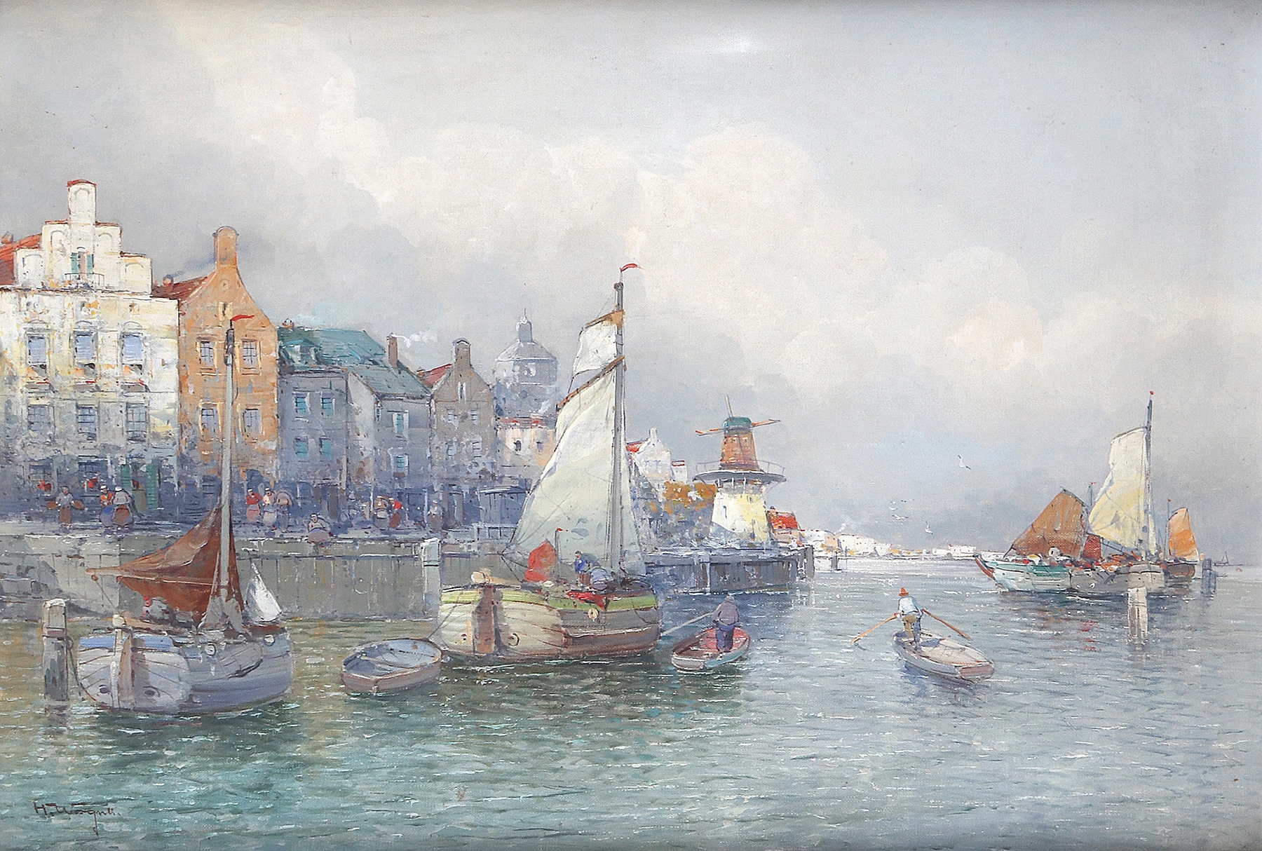 Marine scene with fishing boats in a harbor, oil painting by Georg Fischhof
