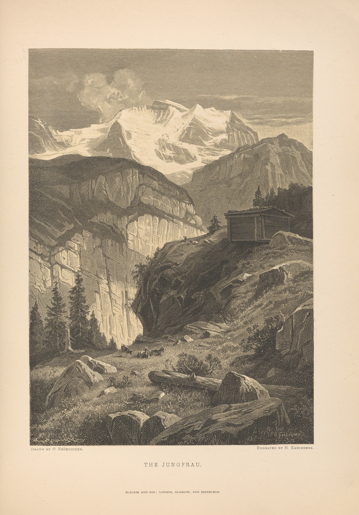 O. Frohlicher – The Jungfrau by Theodor Gsell Fels, oil painting of a snow-capped mountain landscape