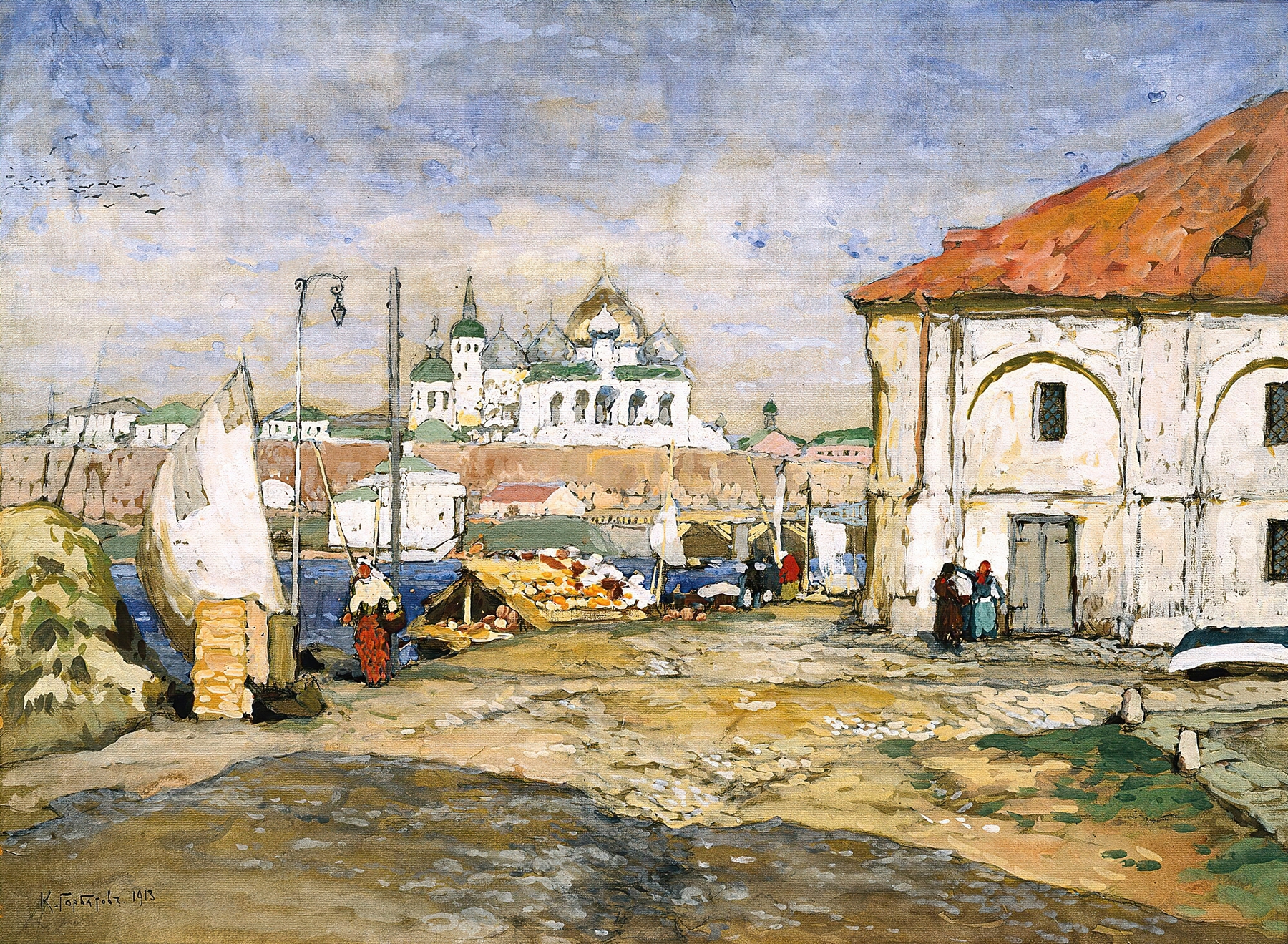 Marine scene of Pier In The Old Town by Konstantin Ivanovich Gorbatov, oil painting