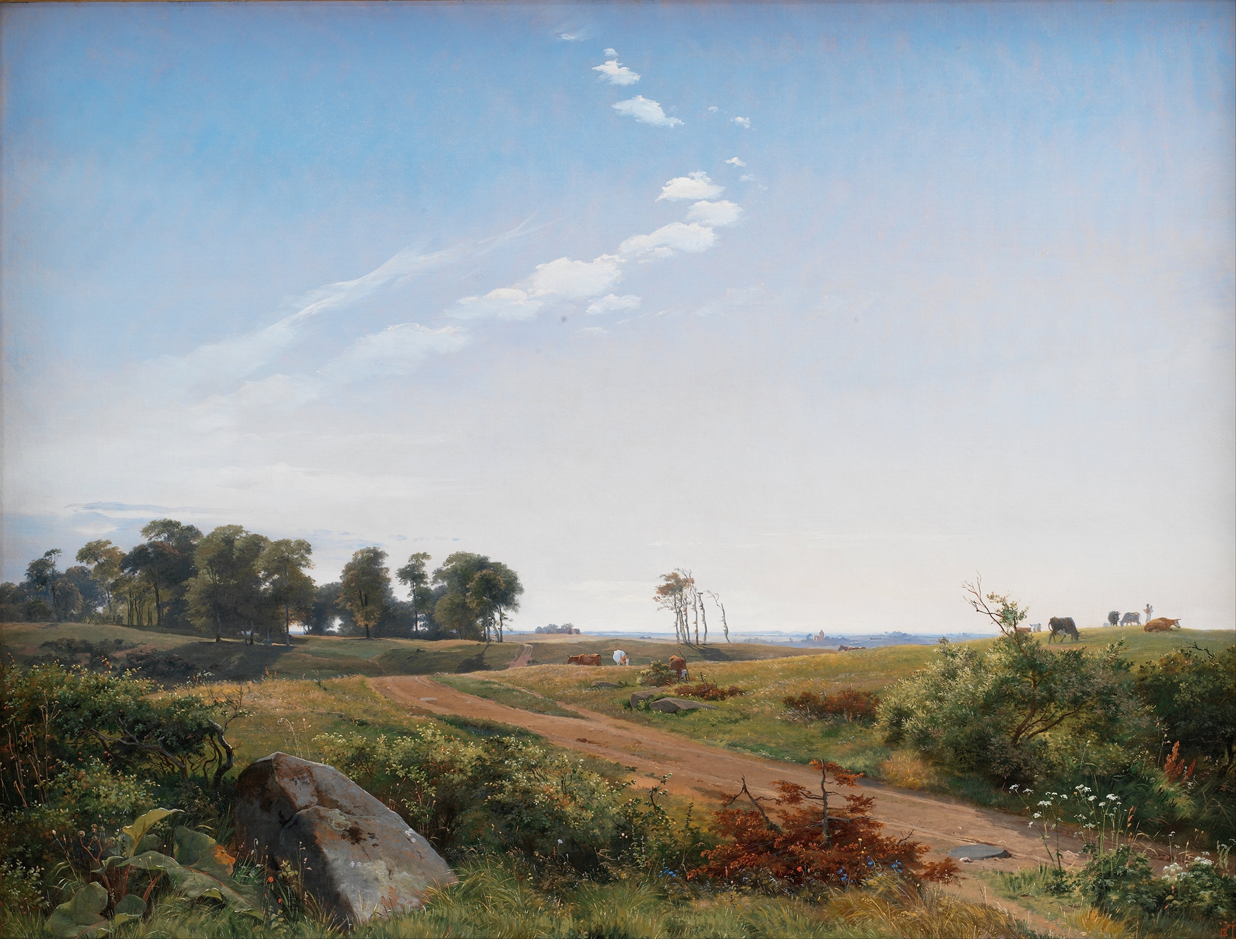 Zealand Landscape by Johan Thomas Lundbye, oil painting depicting serene countryside with soft greens.