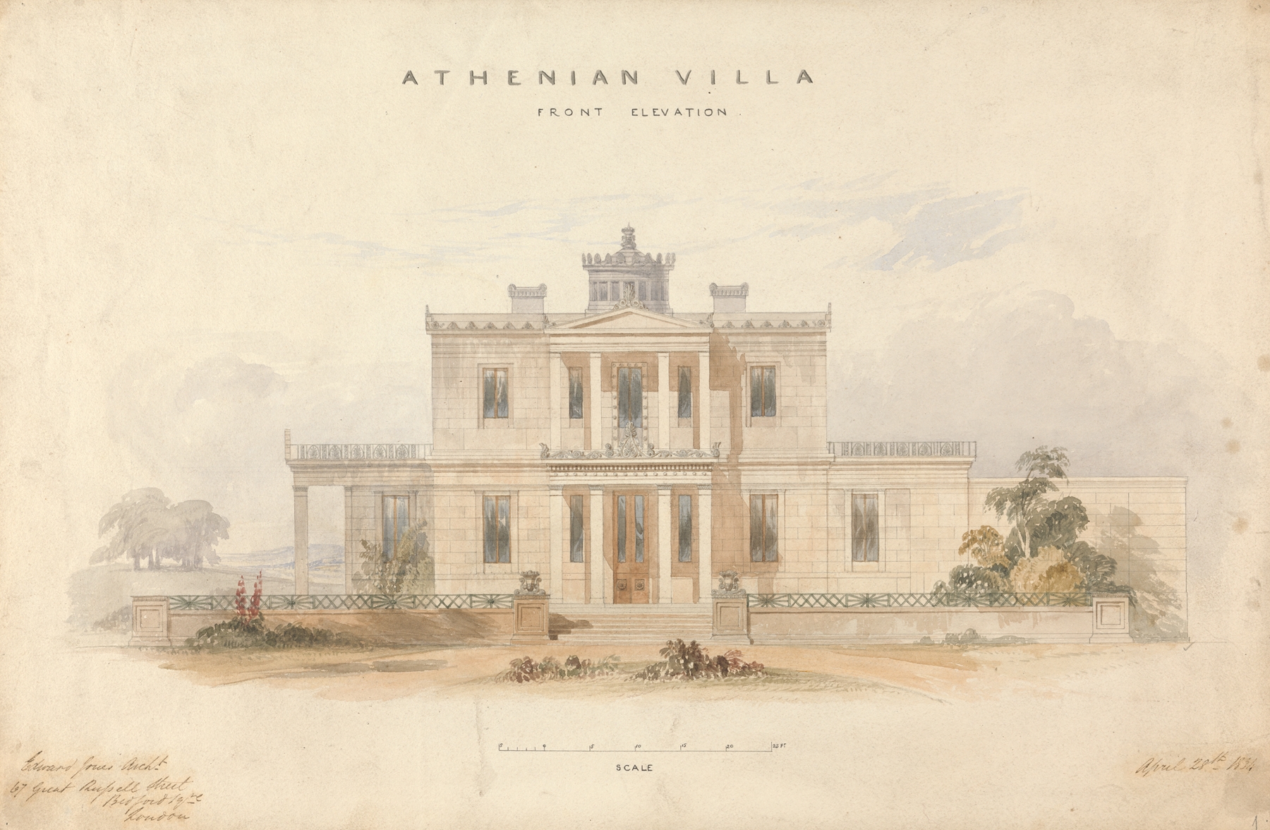 Design for an Athenian Villa, Front Elevation, by Edward Jones, public domain