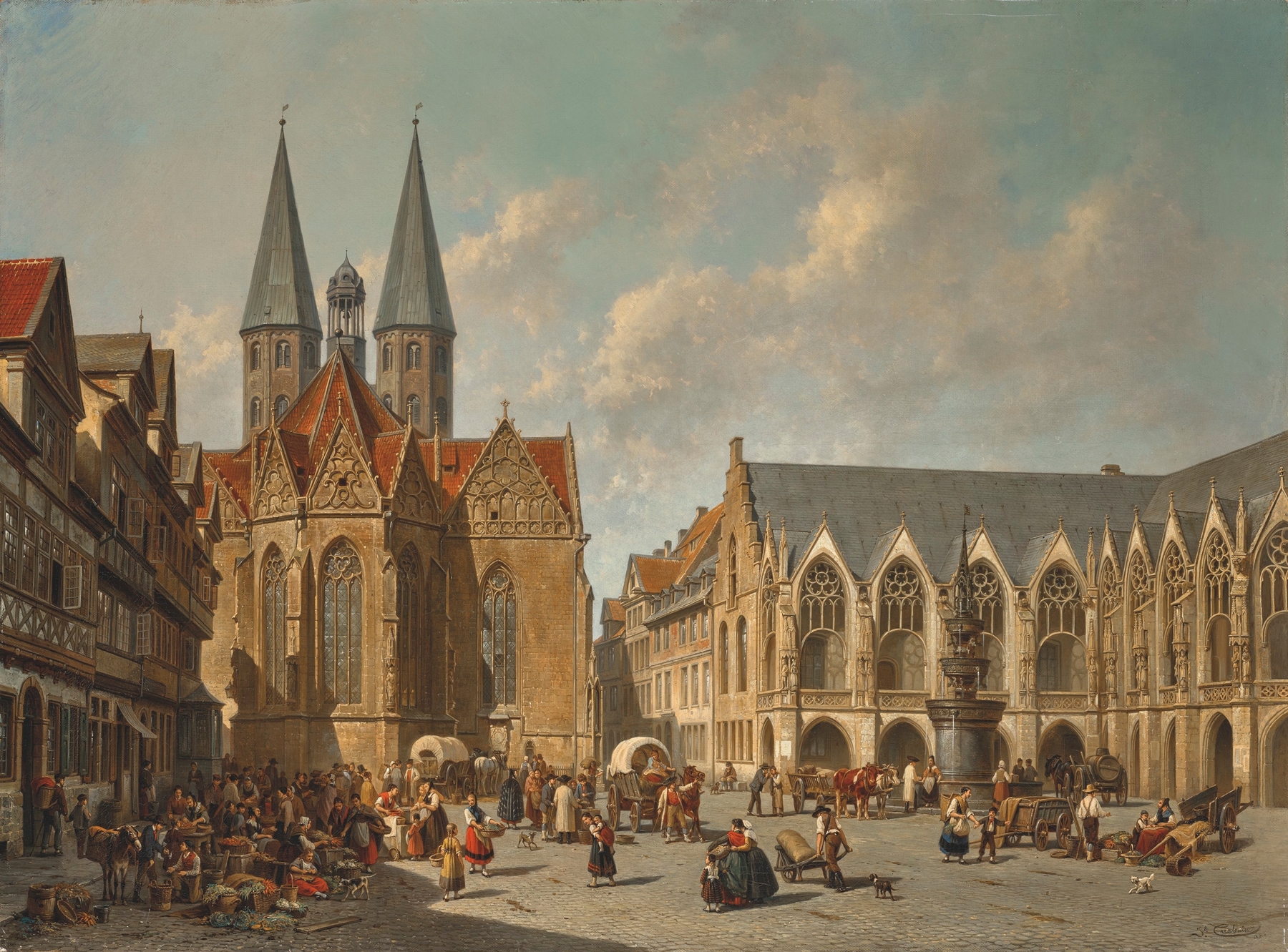 Oil on canvas by Jacques François Carabain depicting a lively town square.