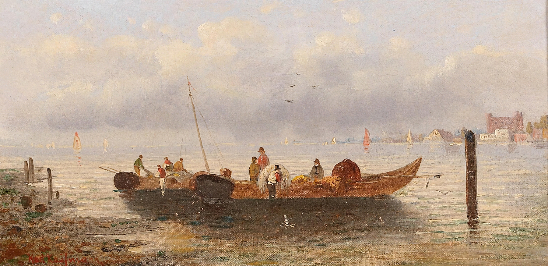 Fishermen By The Coast, oil on canvas by Karl Kaufmann, depicting fishermen against a stormy sea.
