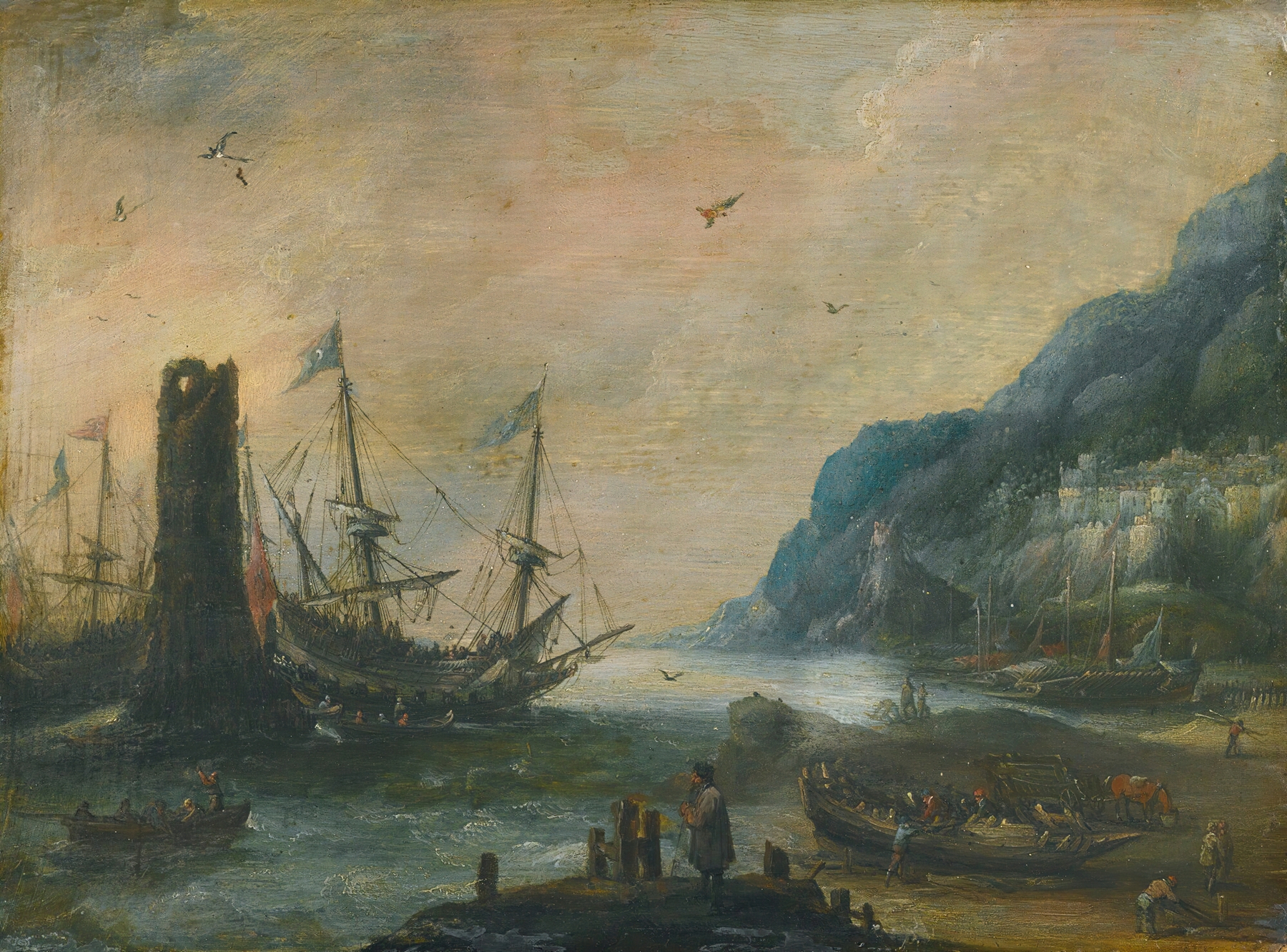 A mediterranean coastal scene with a tower, ships, and figures on the shore, by Andries van Eertvelt, public domain