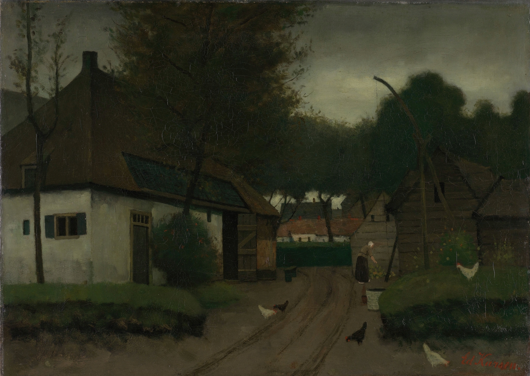 Farmstead by Eduard Karsen, oil painting of a farmhouse surrounded by fields and gentle light
