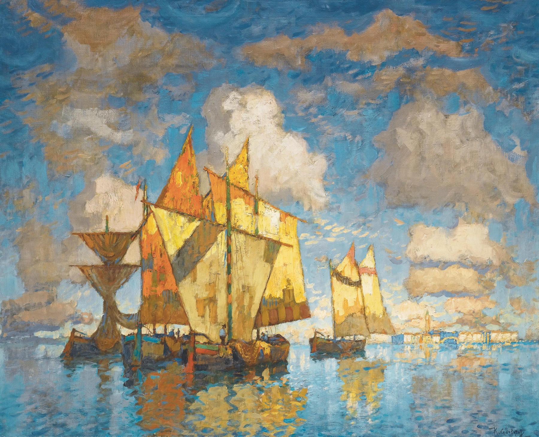 Fishing boats in the lagoon at sunset, oil on canvas by Konstantin Ivanovich Gorbatov