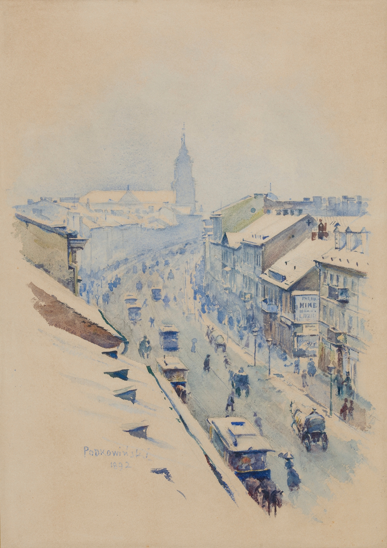 Winter landscape of a city covered in snow, oil painting by Władysław Podkowiński