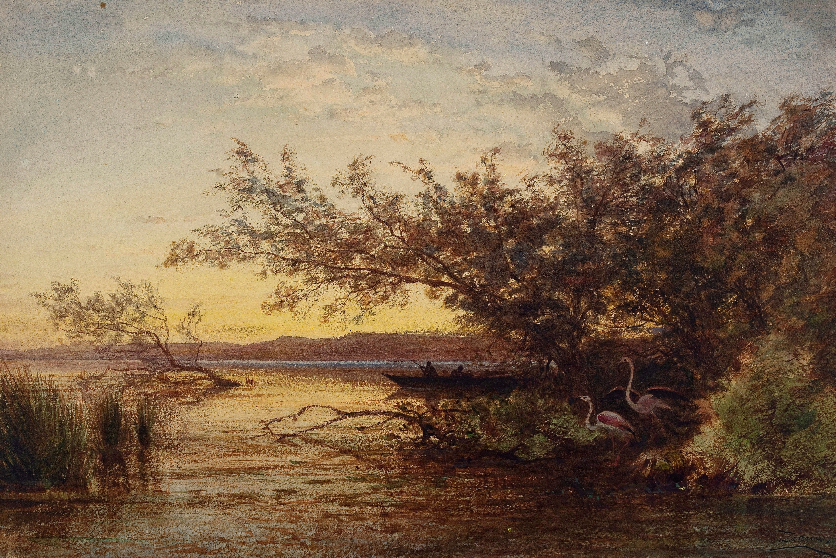 La Camargue, Coucher De Soleil by Félix Ziem, oil on canvas depicting a sunset over tranquil waters.