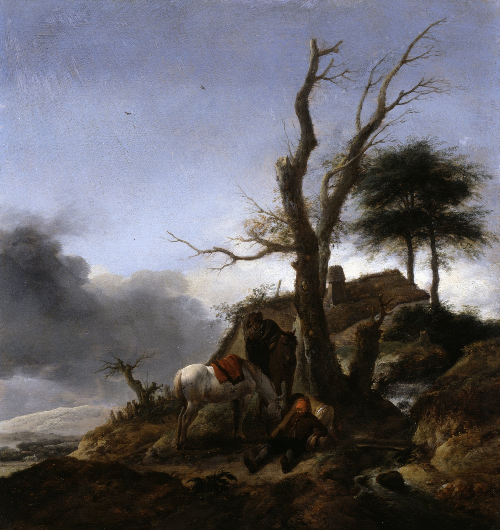 Halt of Travellers by Philips Wouwerman, oil painting depicting travelers in a vibrant landscape.