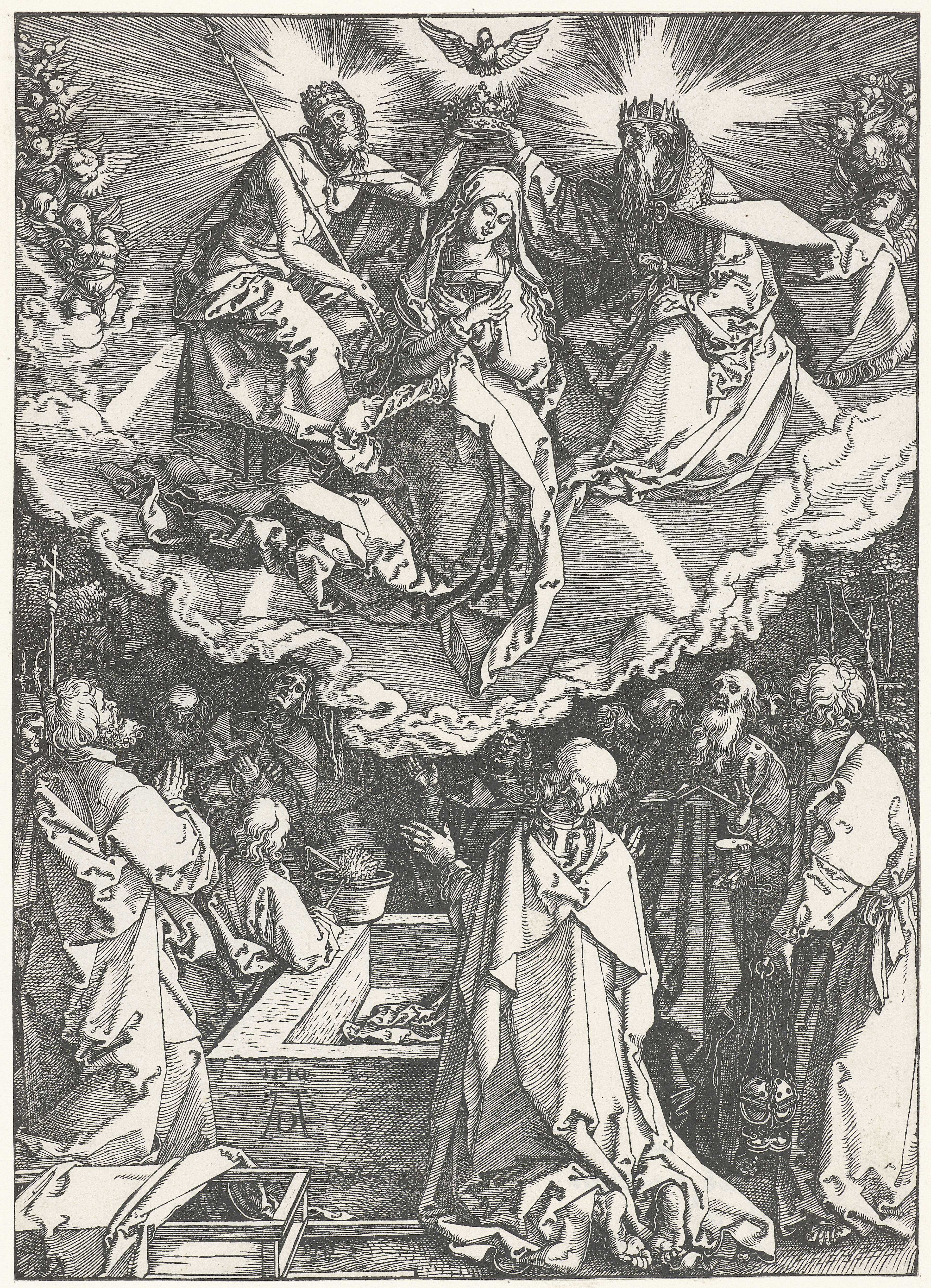 Religious scene featuring Virgin Mary in blue robe, paper by Albrecht Dürer