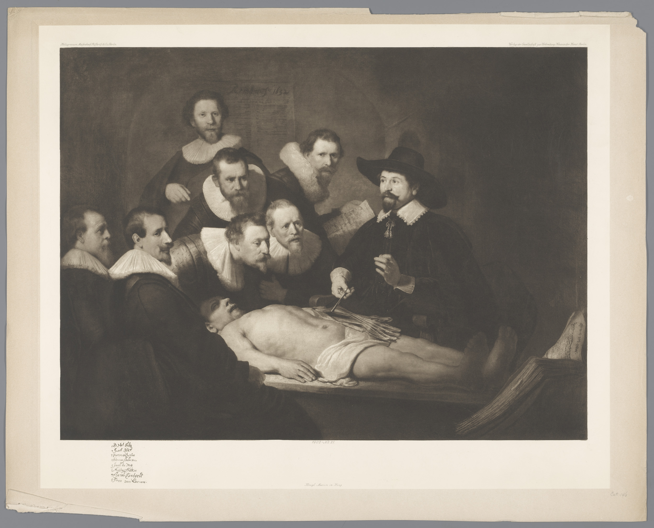 Aquatint of De anatomische les van Dr. Nicolaes Tulp by Rembrandt, depicting a physician and students.