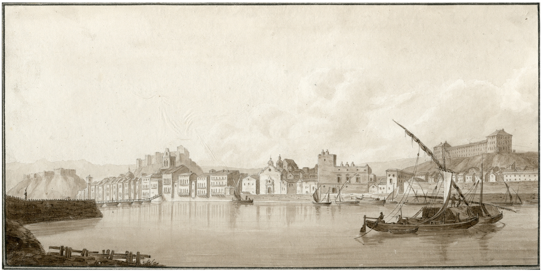 Landscape oil painting by Otto Howen depicting a river and cityscape