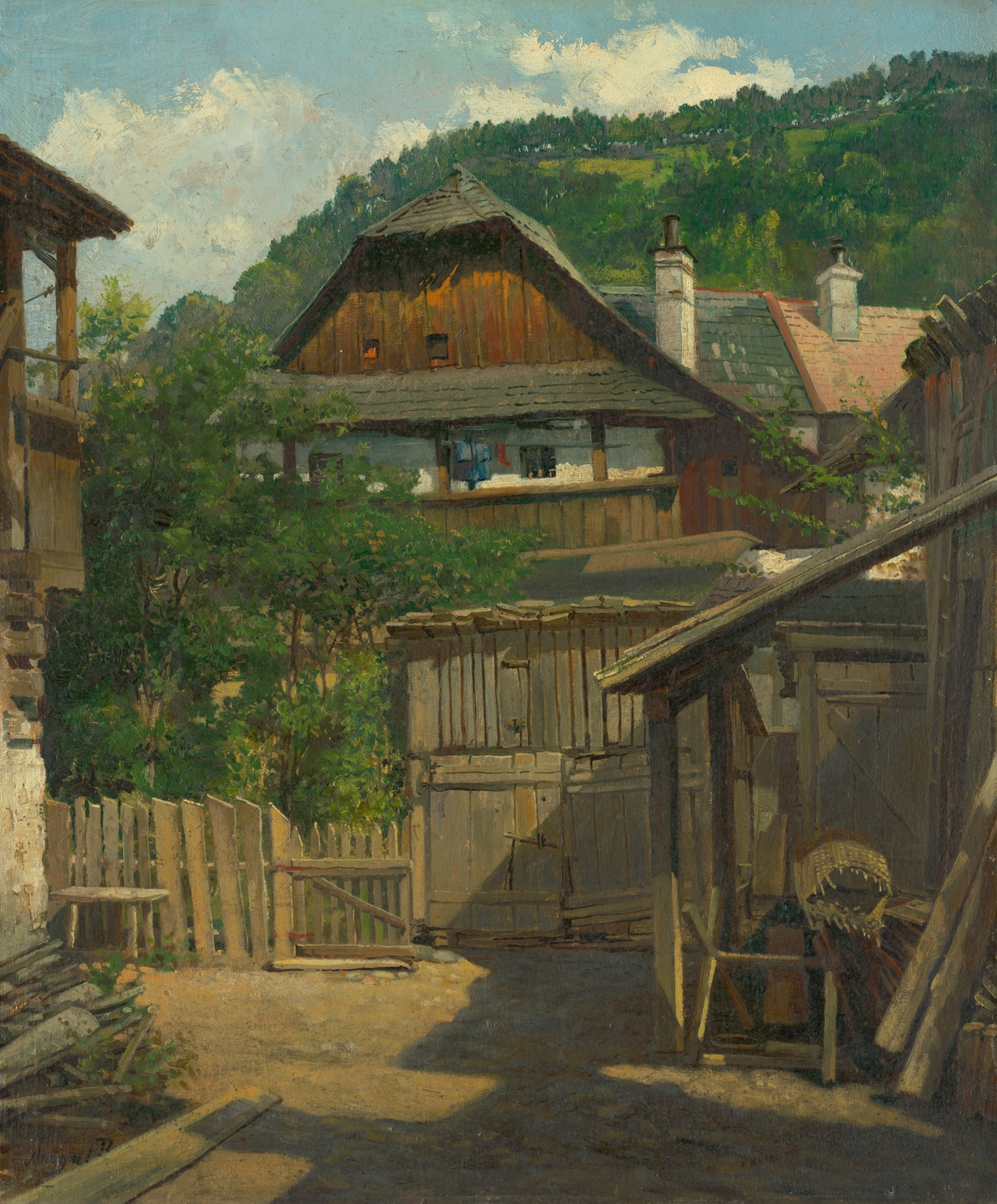 Old Kremnica by Vojtech Angyal, oil on canvas depicting a nostalgic village landscape.