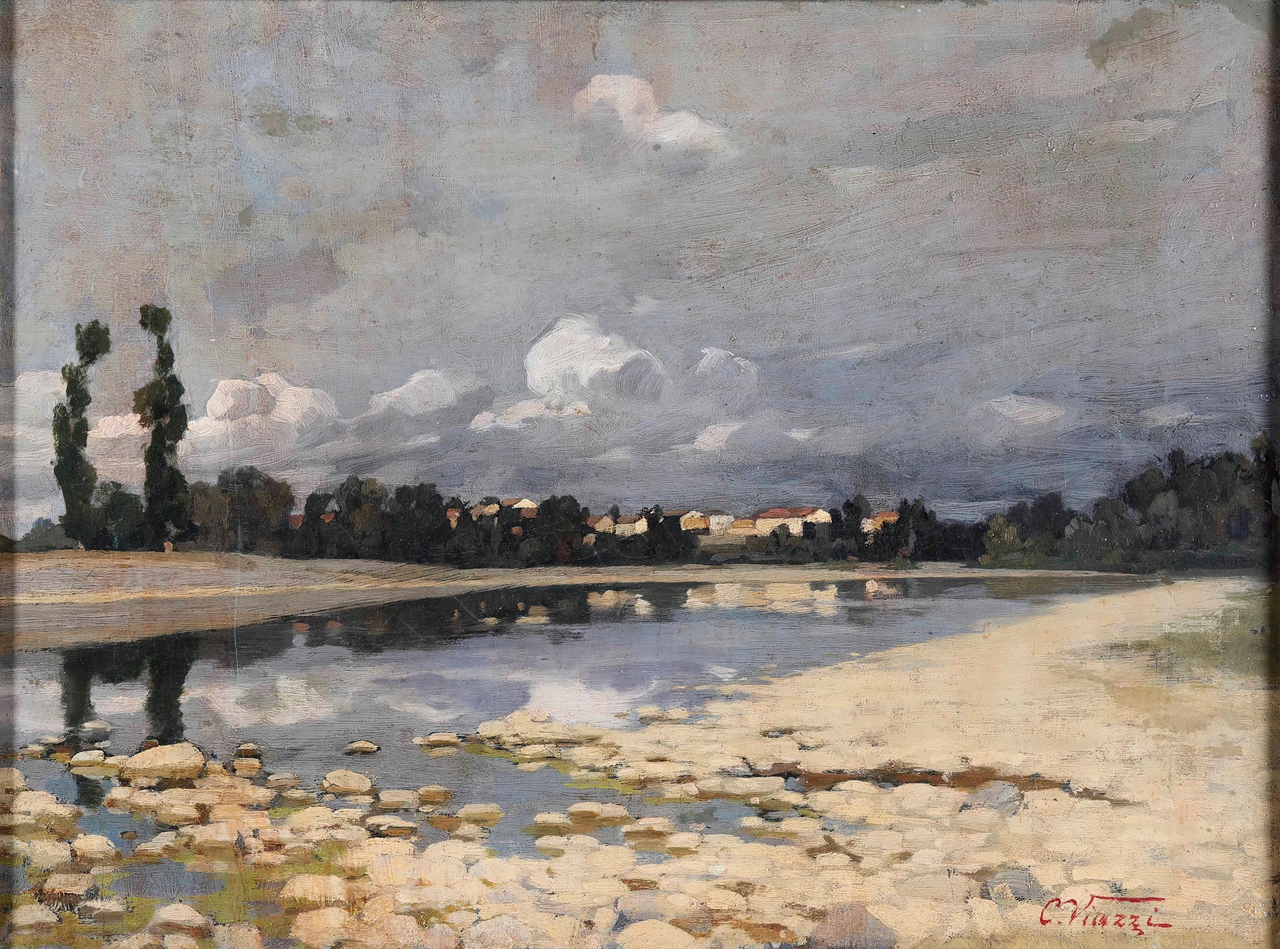 Tranquil riverside village in oil on canvas by Cesare Viazzi