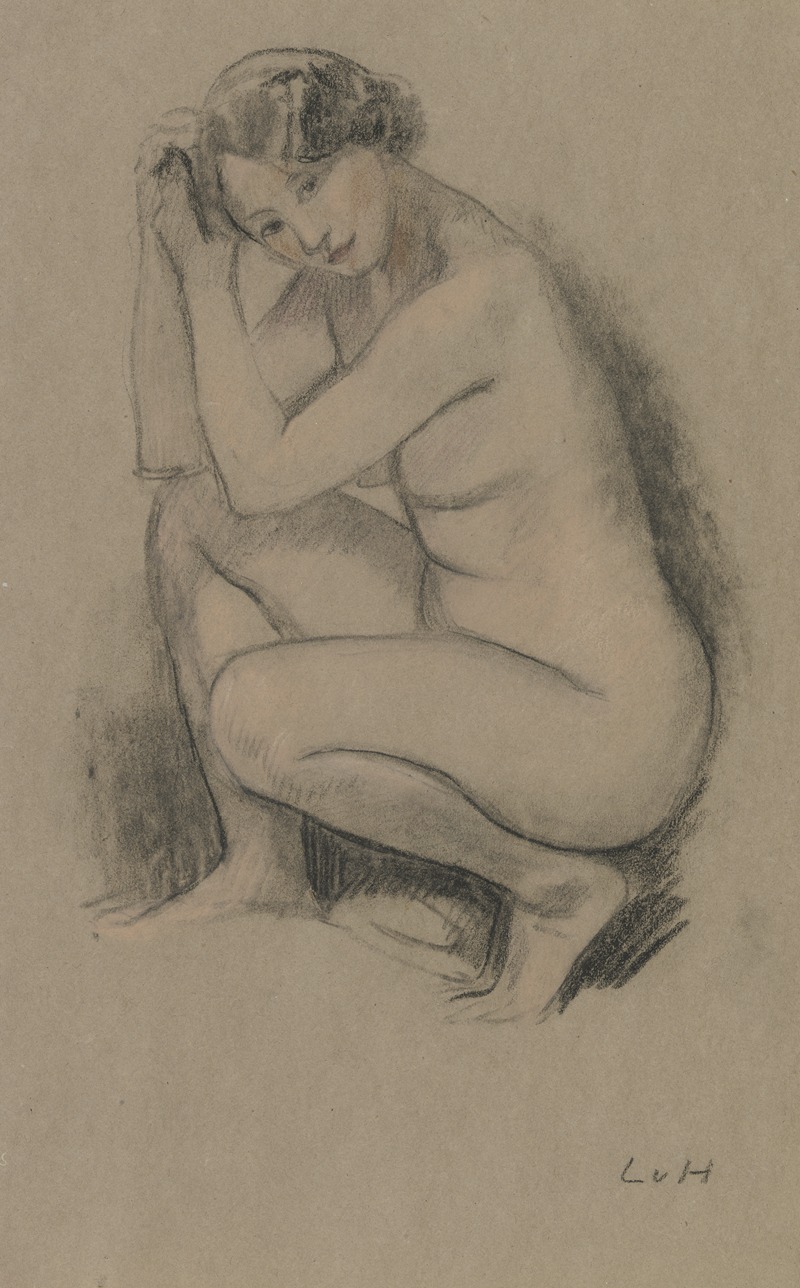 A crouching girl in a natural setting, painted by Ludwig von Hofmann.