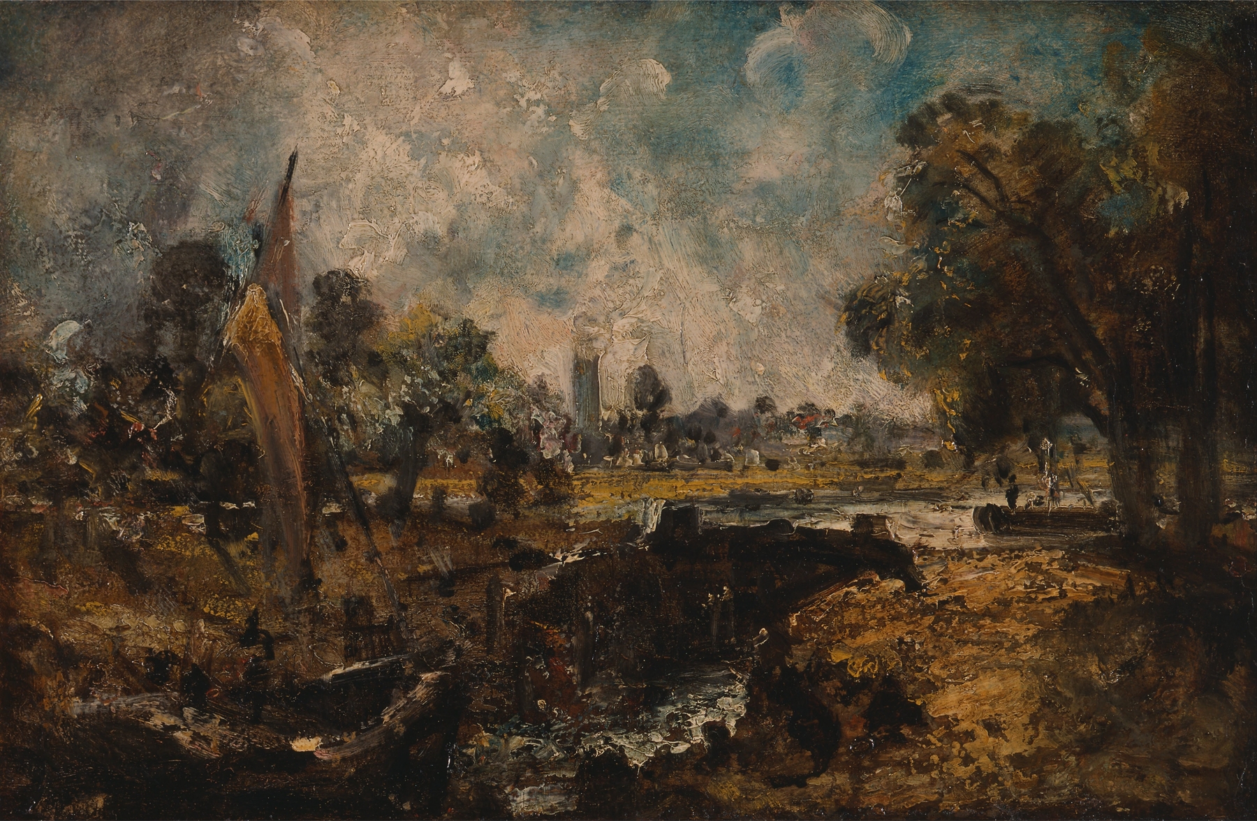 Dedham Lock by John Constable, oil on canvas depicting a tranquil river landscape