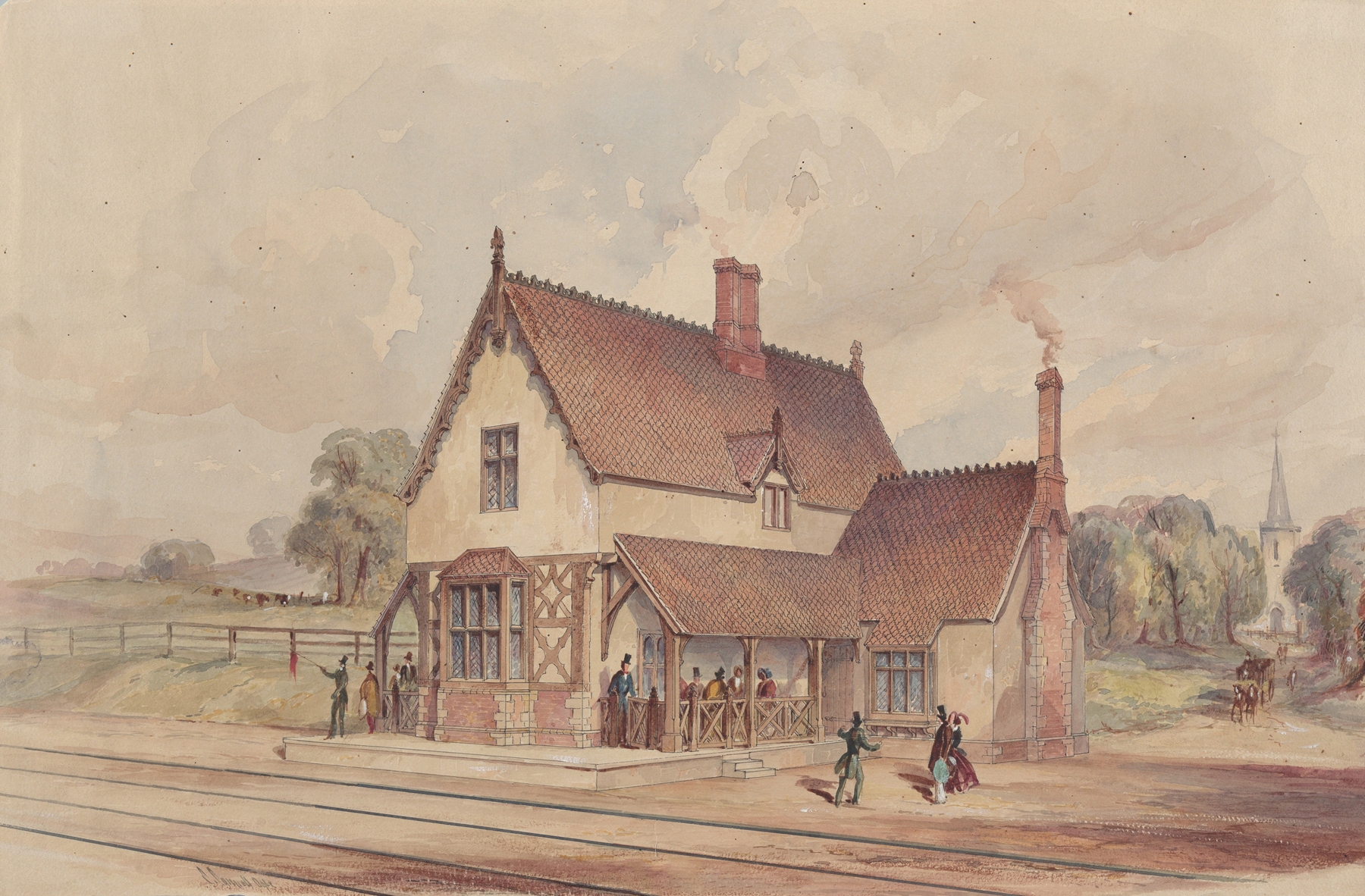 Victorian landscape featuring a train station and railroad crossing by John Connell Ogle