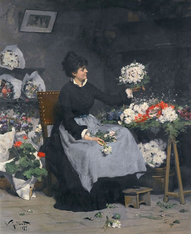 A flower seller in a bustling market scene.