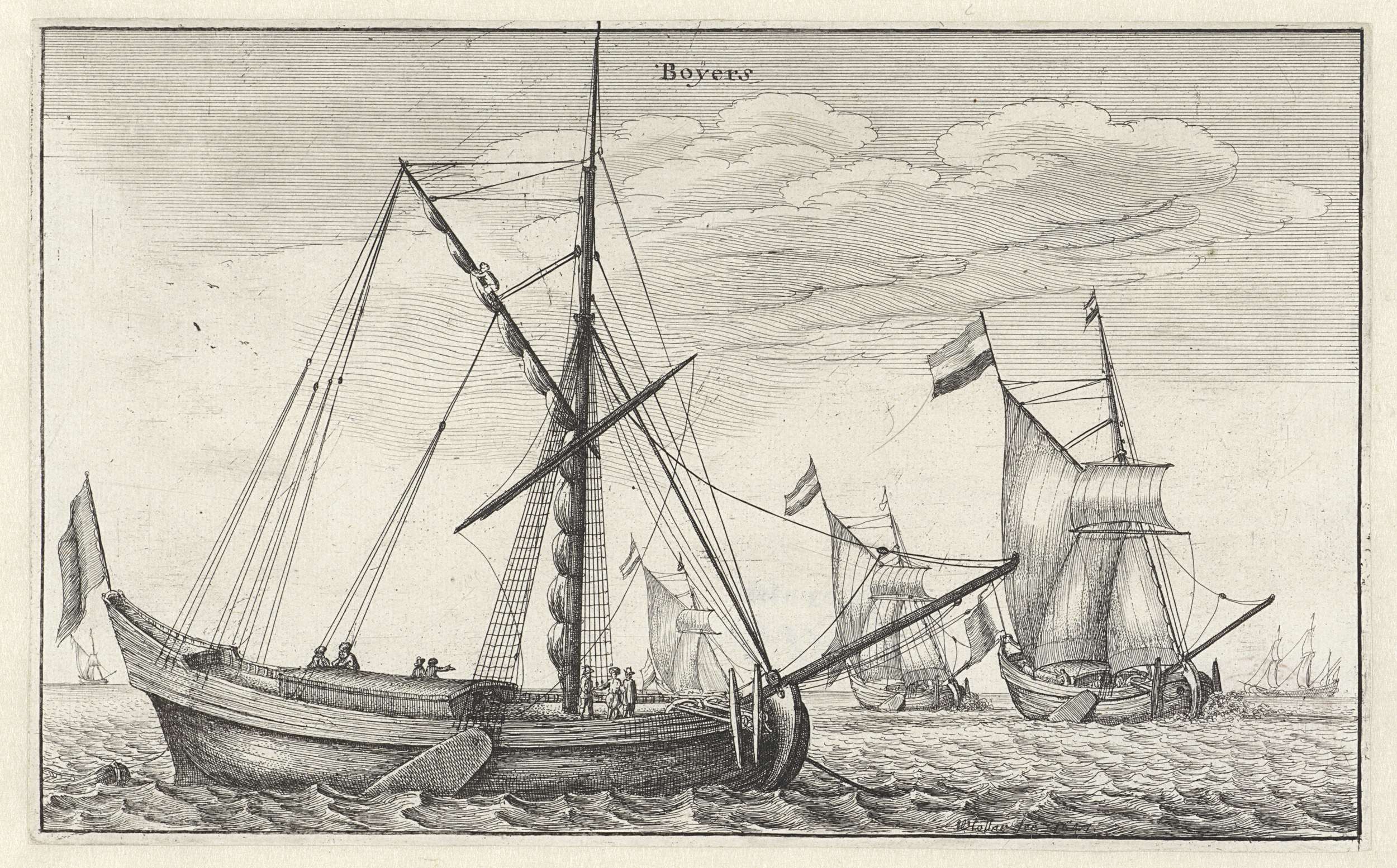 Boeiers op zee etching by Wenceslaus Hollar depicting boats sailing on calm water