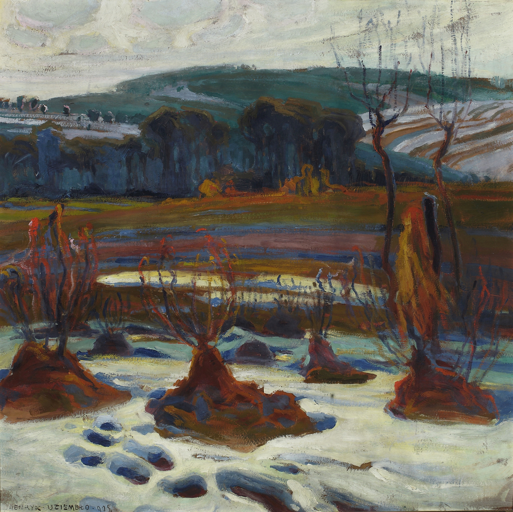 Springtime thaw by Henryk Uziembło, impressionism, depicting a landscape with melting snow and budding greens.
