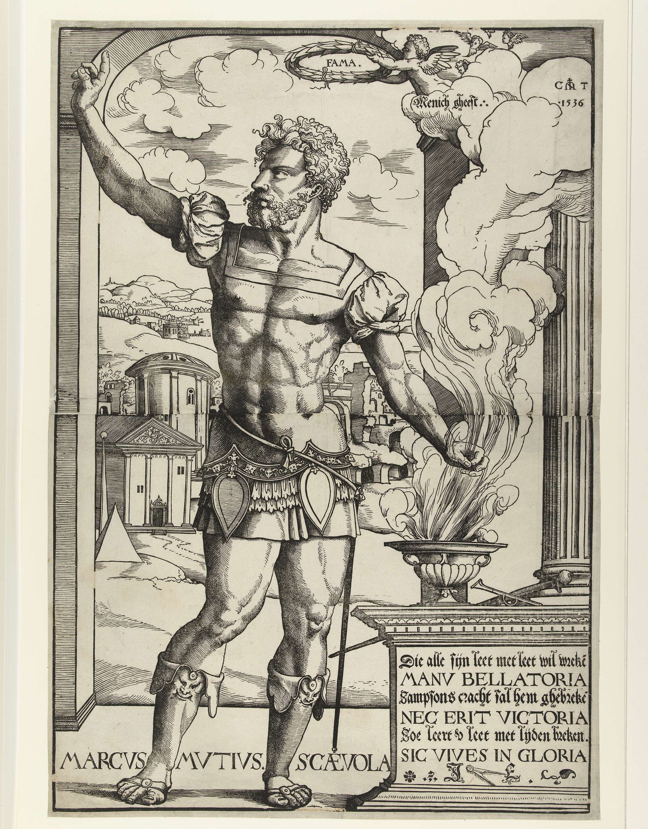 Historical drawing of Marcus Mucius Scaevola by Cornelis Anthonisz, paper medium