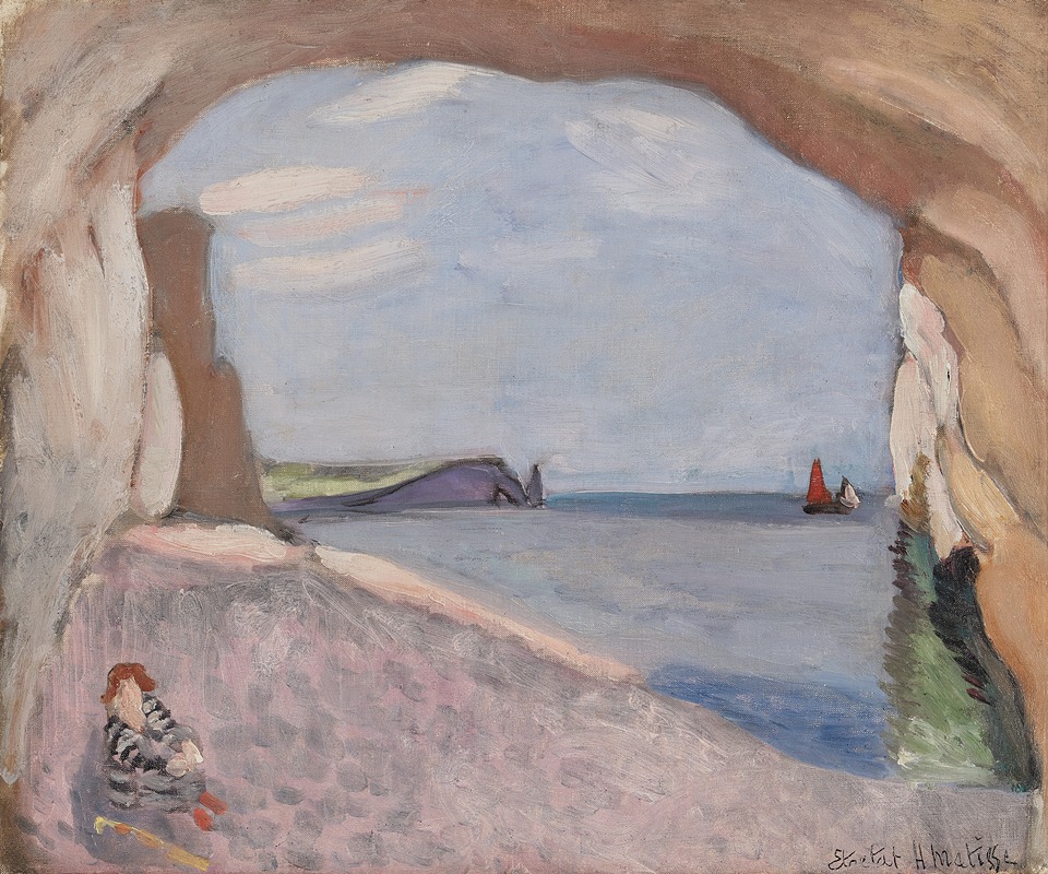 Henri Matisse's painting 'Étretat, la voile rouge' features a striking red sail against a vibrant coastal landscape.