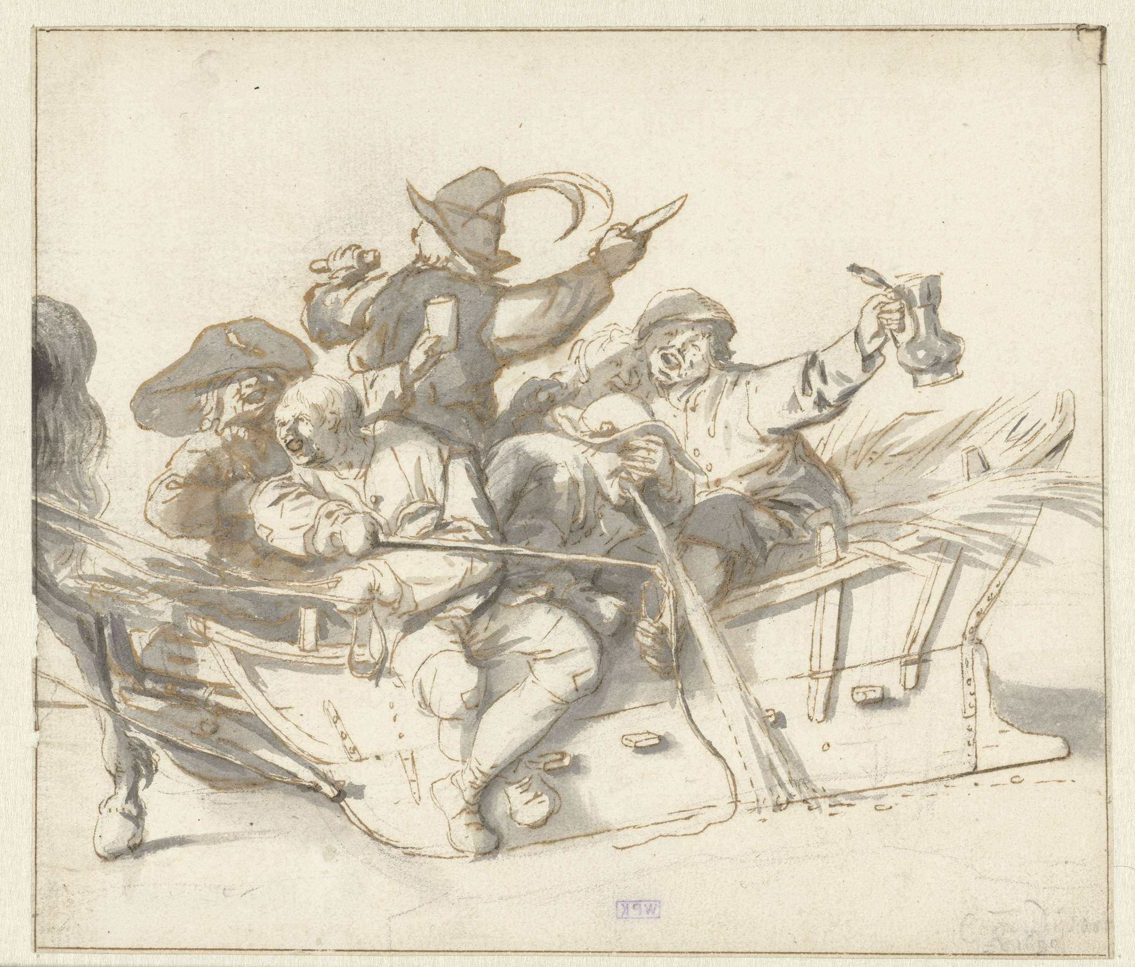 Drawing of five drunken villagers and a woman on a sleigh by Cornelis Dusart