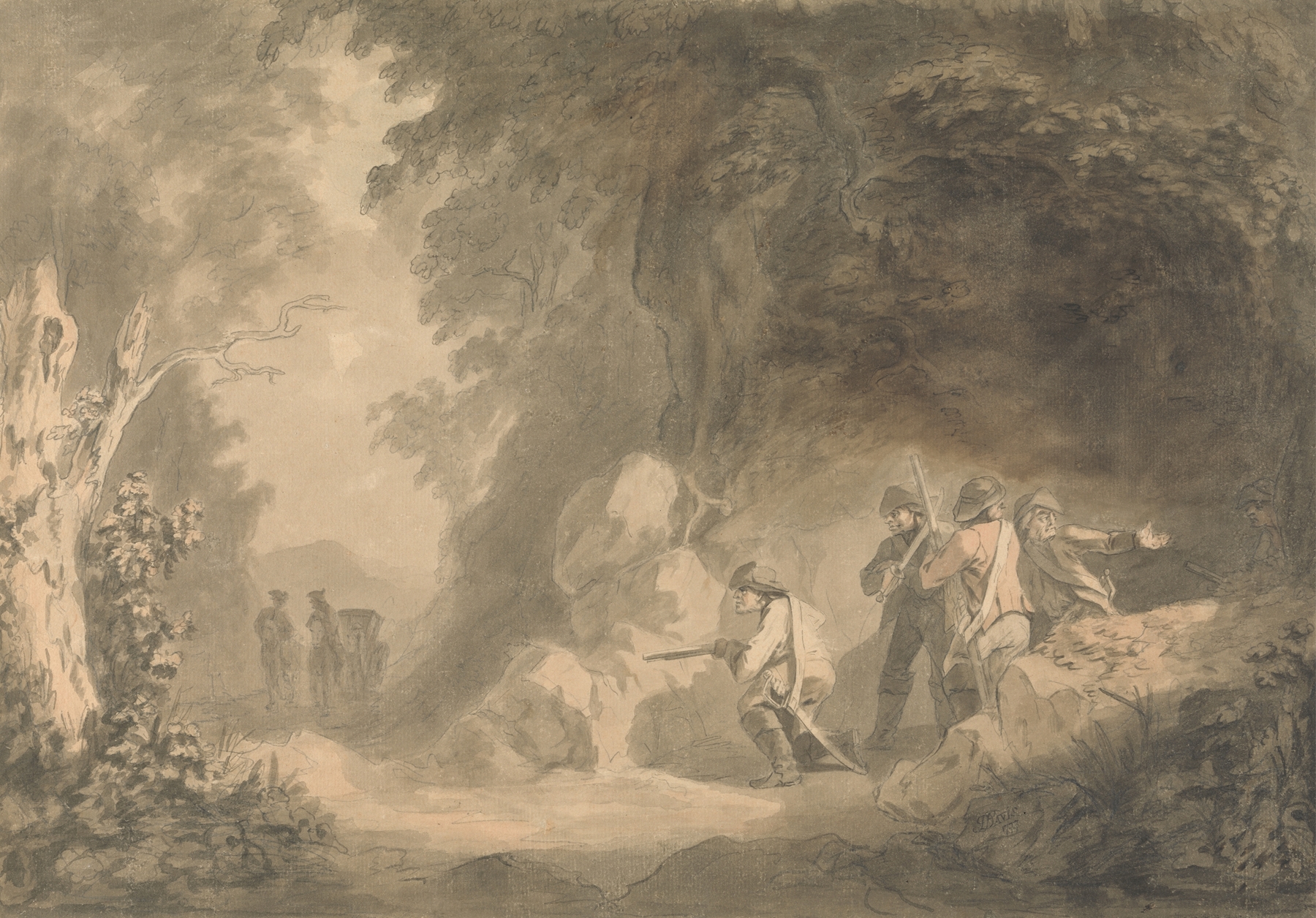 Historical scene depicting brigands ambushing a coach, oil painting by Samuel Davis
