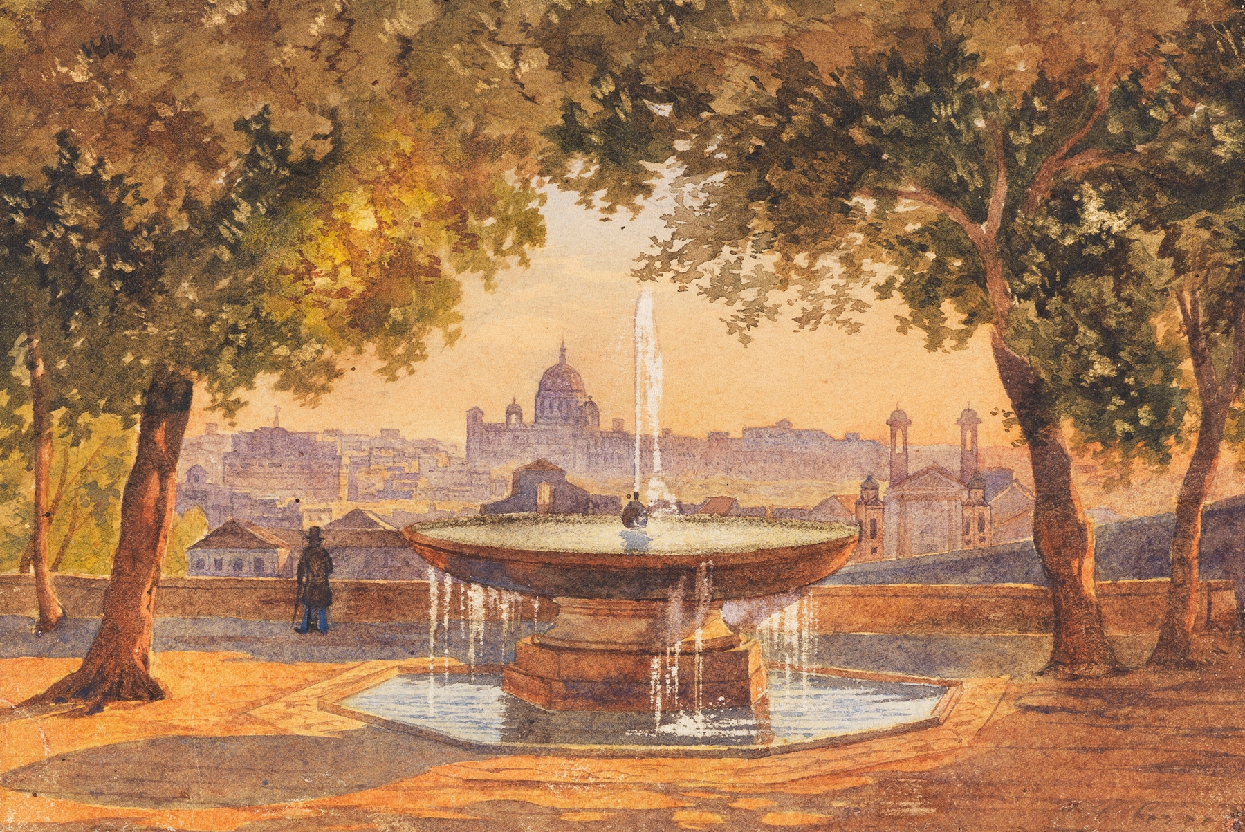 Landscape oil painting by Salomon Corrodi depicting a fountain in Rome.