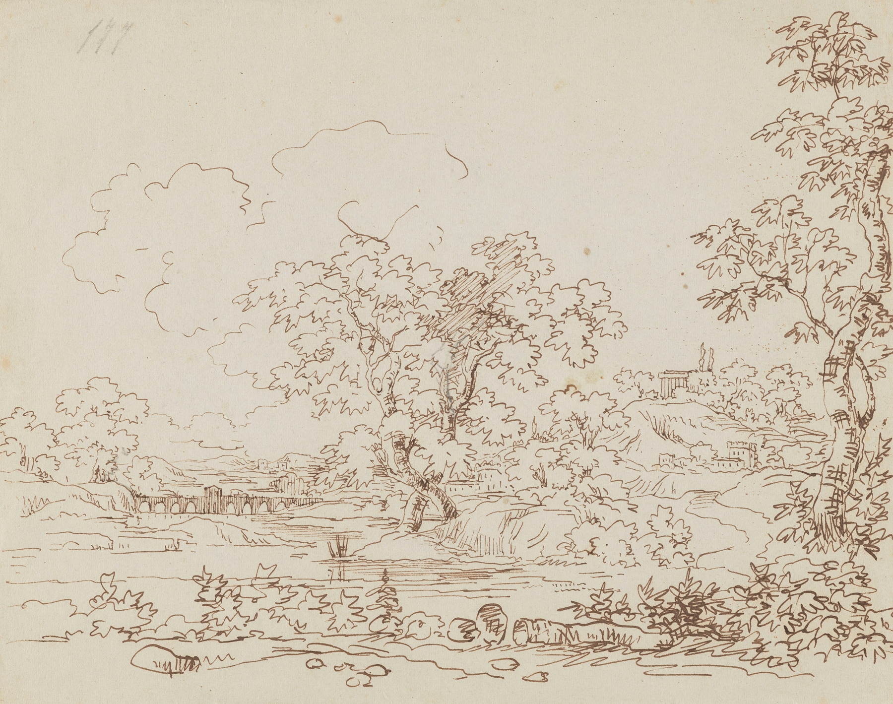 Landscape with a river, stone bridge, and classical building by Arthur Blaschnik, oil on canvas